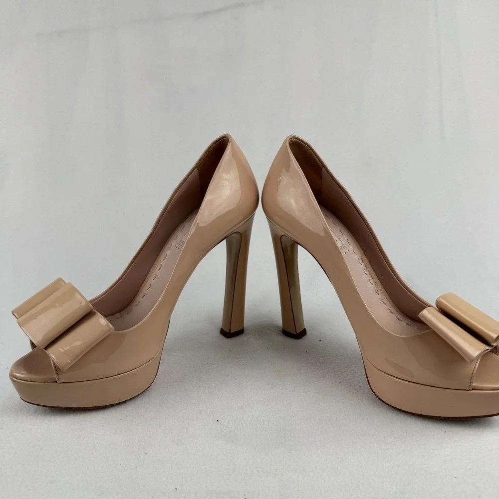 Miu Miu Womens Nude Beige Patent Leather Peep Toe Platform Bow‎ Heels Size 37